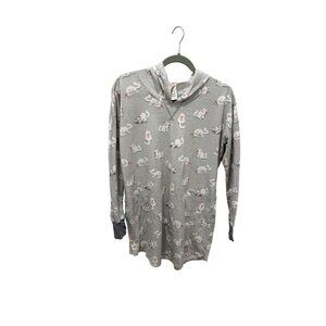 Munki Munki Grey Hooded Long Sleeve PJ/Gown With Cat Print & Embroidered Cuff De